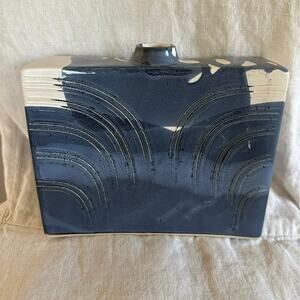 Blue Swirl Vase Rectangle Hand painted signed modern one flower 7x8.5x2.5”Asian